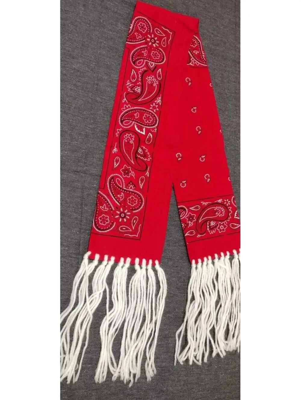 Vintage Fancy Red Bandana 100% Cotton Fringe Neck Scarf White Yarn R.N. 71675